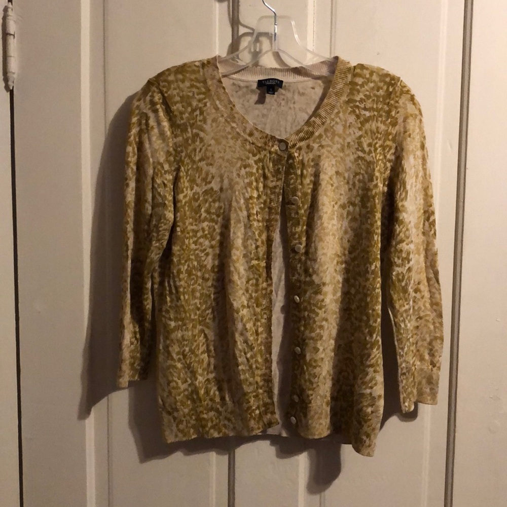 Talbots olive and beige leopard print cardigan